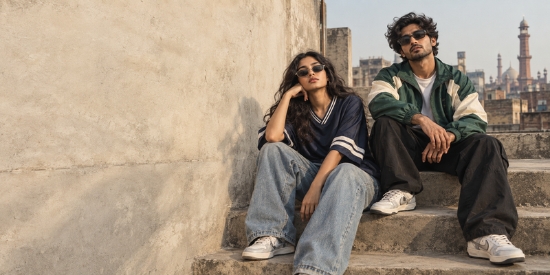 Original campaign: vintage streetwear styled on a Pakistani rooftop