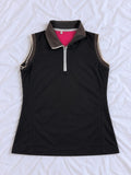 Black, grey, and pink sleeveless sports top shown from the front