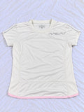 White, grey, and pale pink short sleeve sports shirt shown from the front