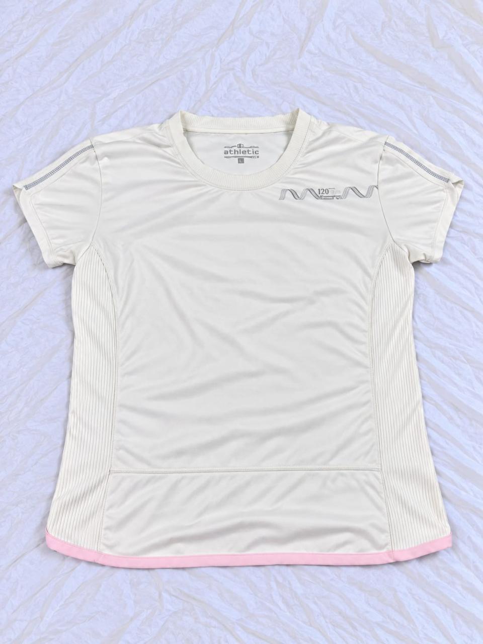 White, grey, and pale pink short sleeve sports shirt shown from the front