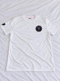 White, black, and pale pink short sleeve football jersey shown from the front